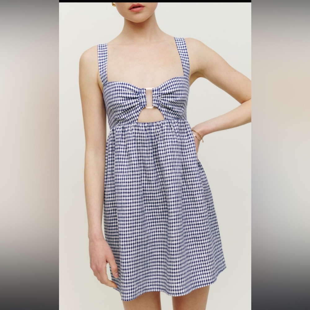Reformation Noel Linen Cutout Dress in Challah Check, 6